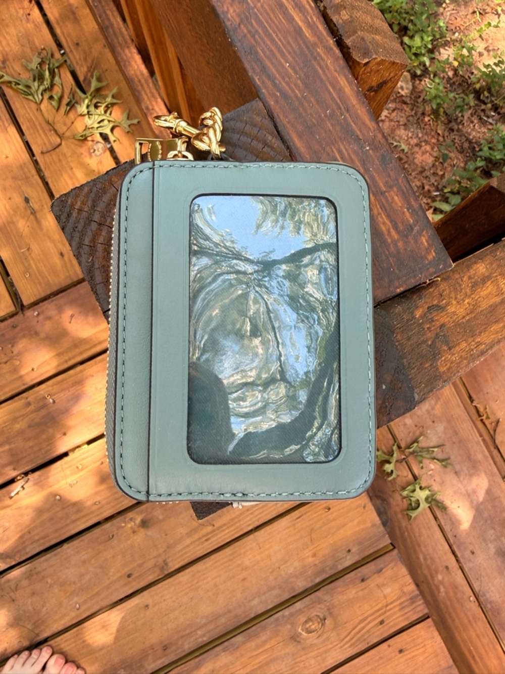 Coach Quilted Leather Card Holder with Gold Chain - Aqua - Picture 3 of 5